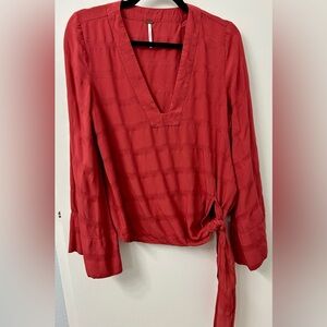 Free People Red V-Neck Blouse with Tie Detail